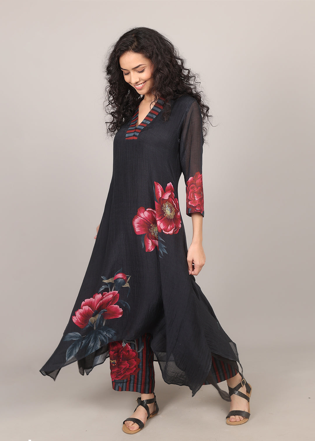Black Asymmetrical Floral Kurta Set
