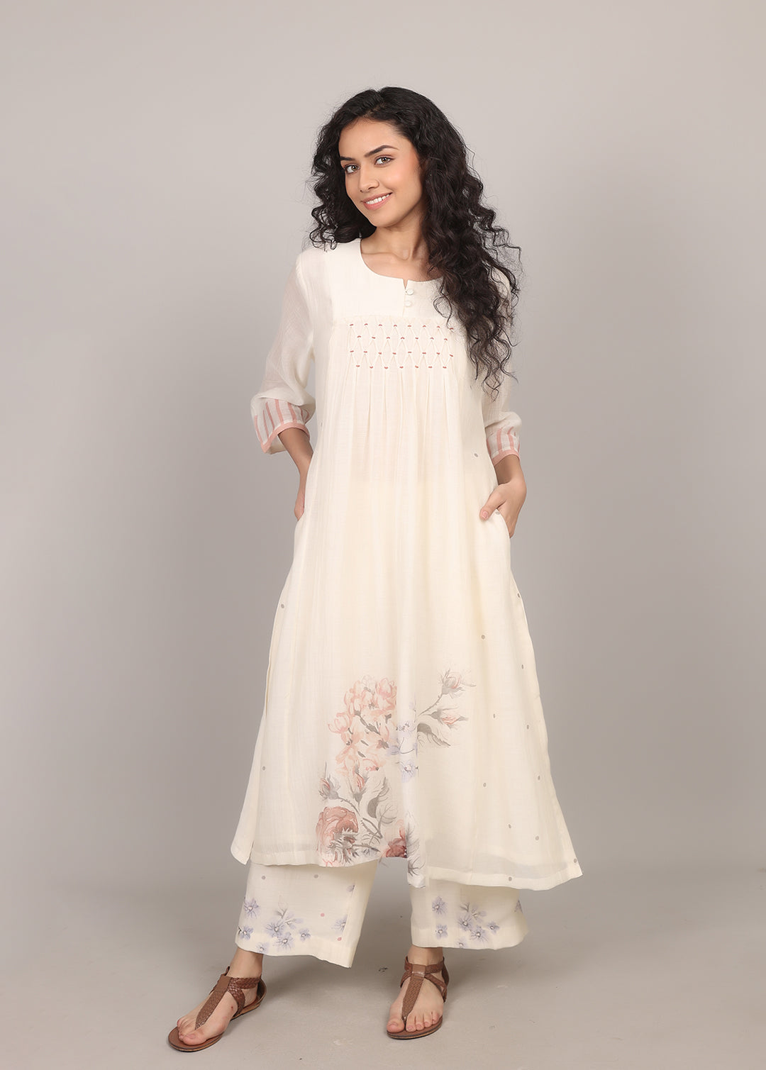 Ivory Smocking Floral Kurta Set