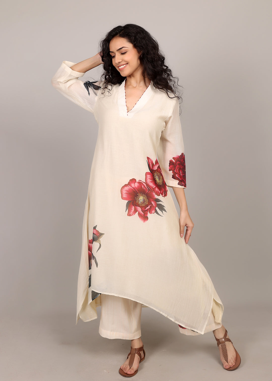 Ivory A-line Floral Kurta Set