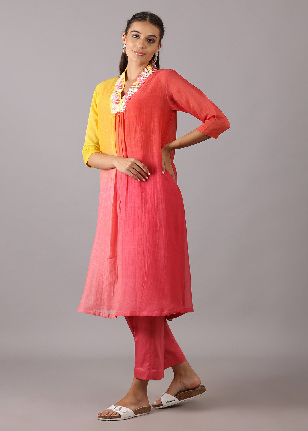 GULMOHAR- Peach Yellow Ombre Overlap Kurta Set