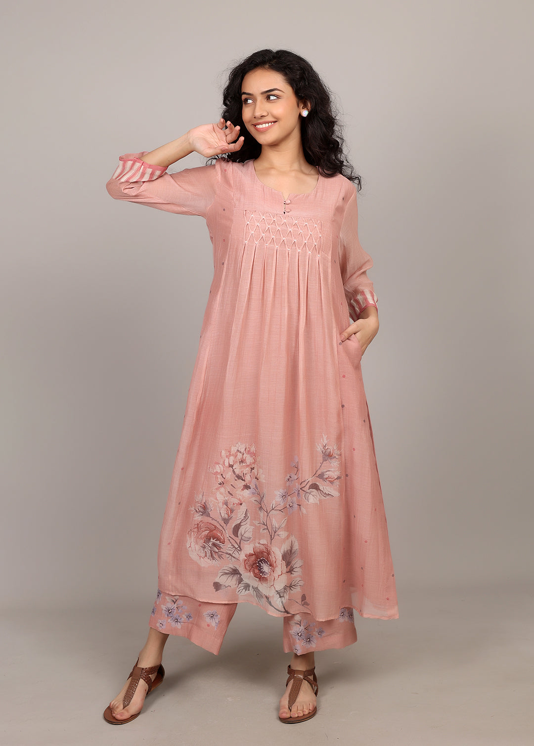 Nude Pink Floral Smocking Floral Kurta Set