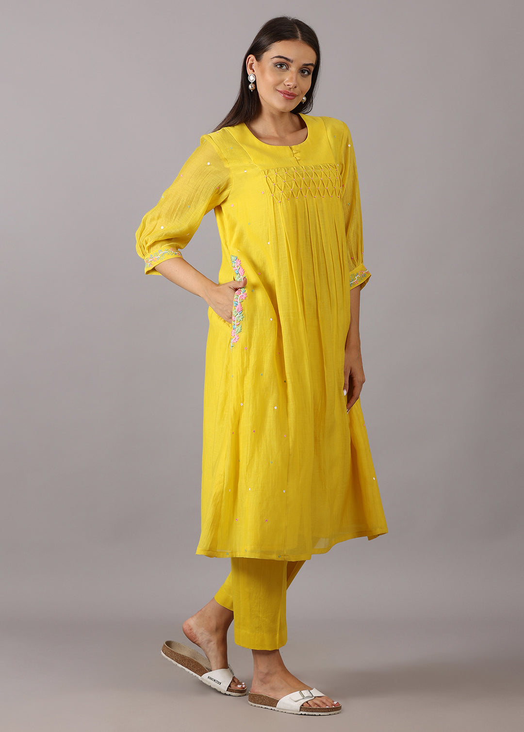 GODAVARI - Yellow Smocking Kurta Set