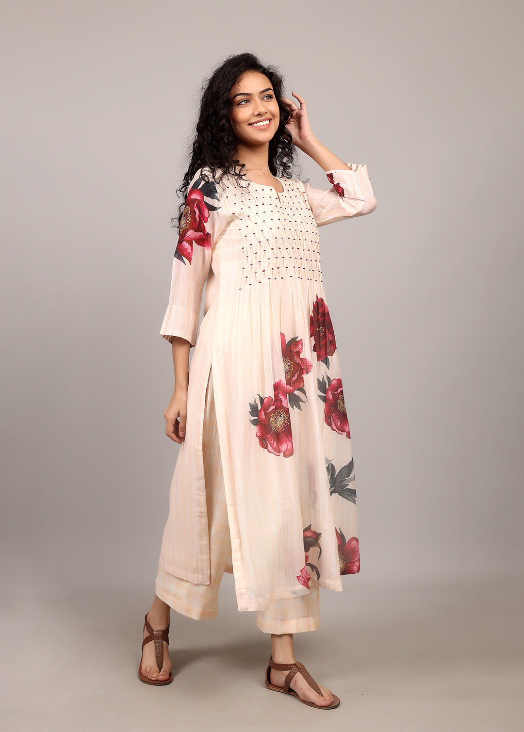 Ivory Floral Smocking Kurta Set