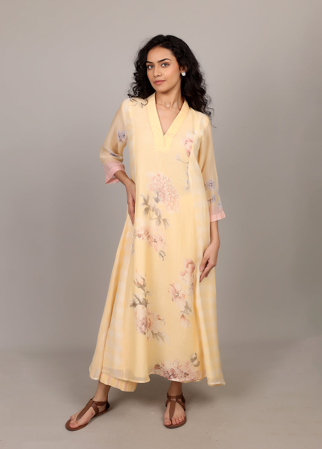 Lemon A-line Floral Kurta Set