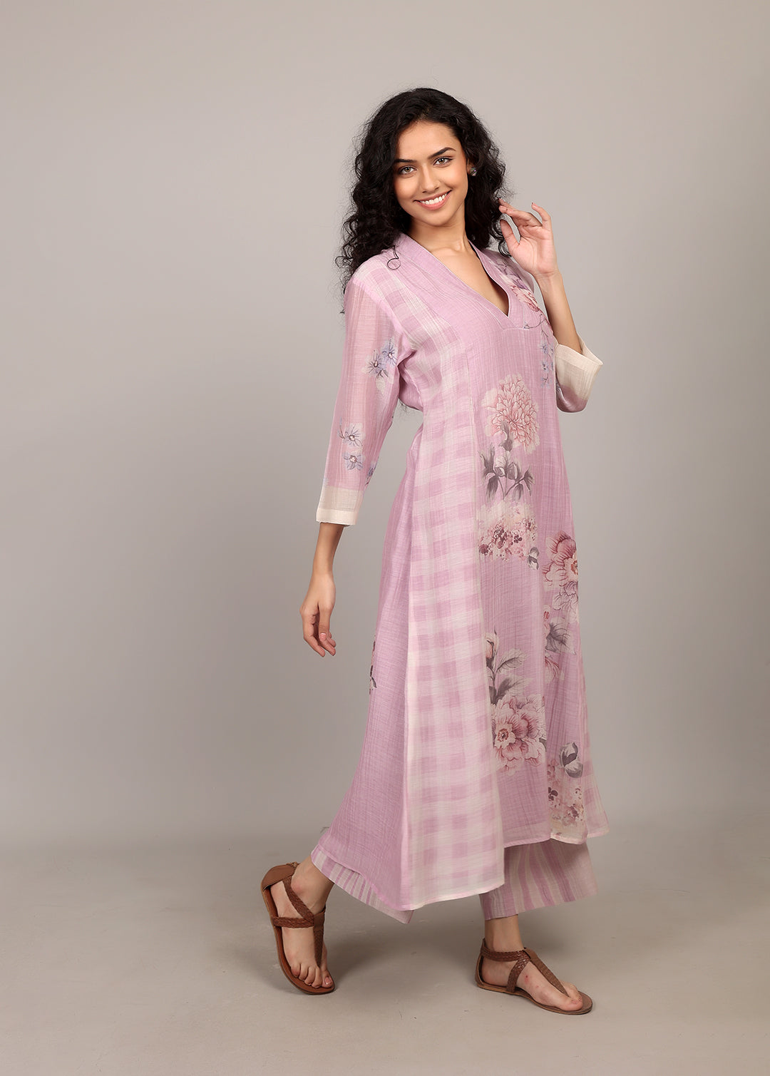 Lilac A-line Floral Kurta Set