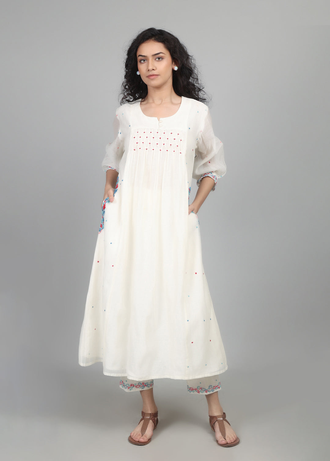 Ivory Mul Chanderi Smocking Kurta Set
