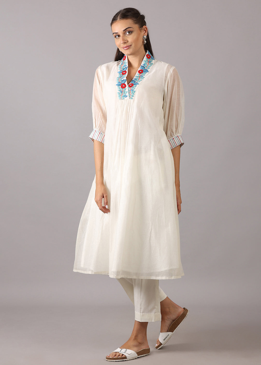 GULMOHAR - Off-white Mul Chanderi Overlap Kurta Set