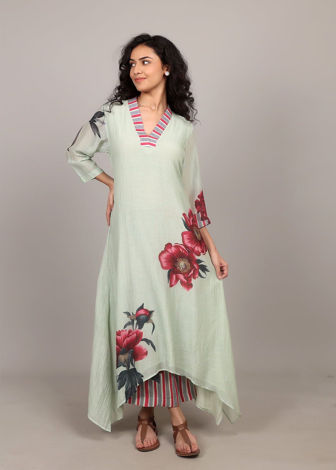 Pista A-line Floral Kurta Set