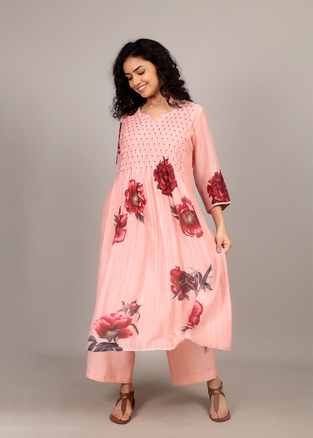 Peachy Pink Floral Smocking Kurta Set