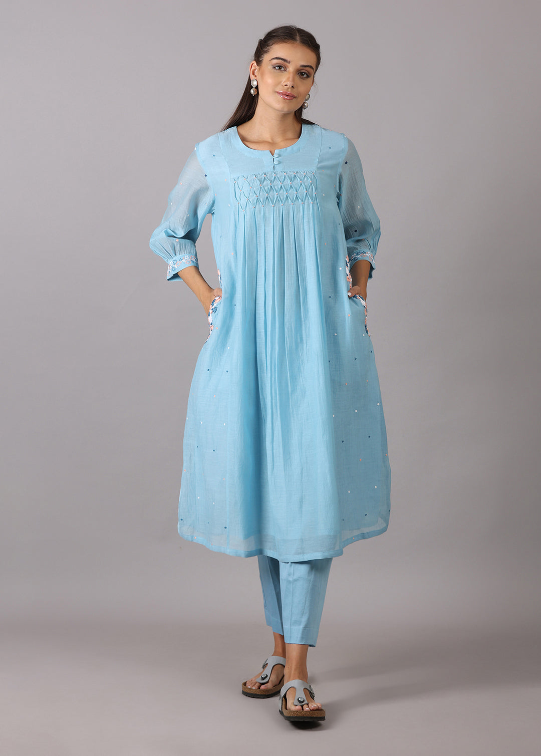 GODAVARI - Powder Blue Smocking Kurta Set