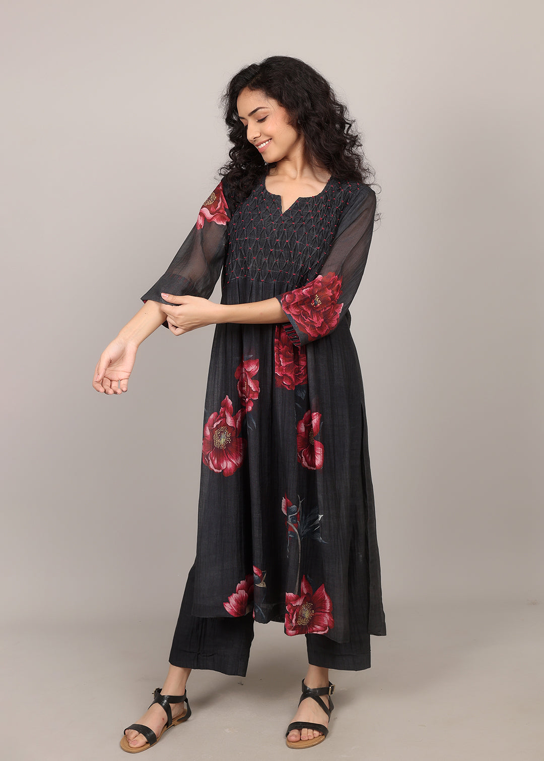 Black Smocking Floral Kurta Set