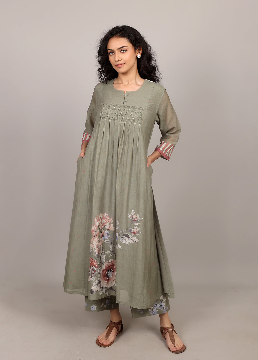 Moss Green Smocking Floral Kurta Set