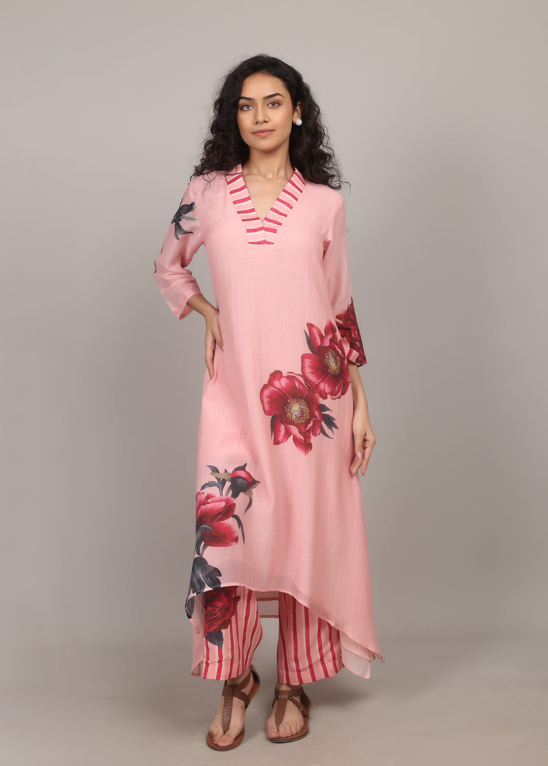 Peachy Pink A-line Floral Kurta Set