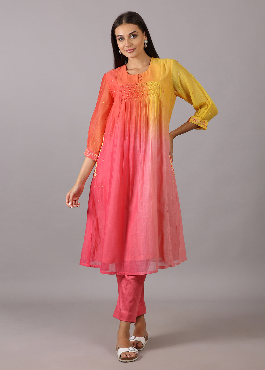 GODAVARI - Peach Yellow Ombre Smocking Kurta Set