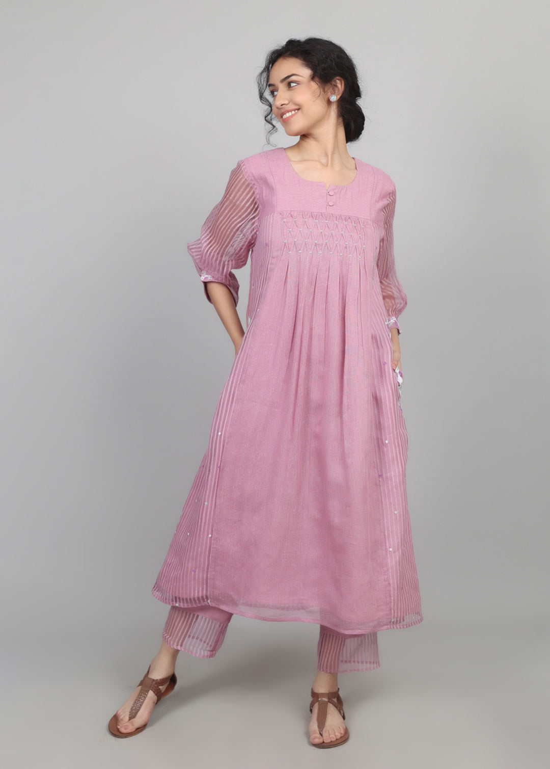 Lilac Cotton Organza Smocked Kurta Set