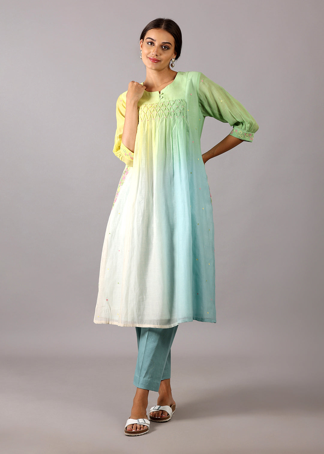 GODAVARI – Blue Yellow Pastel Ombre Smocking Kurta Set