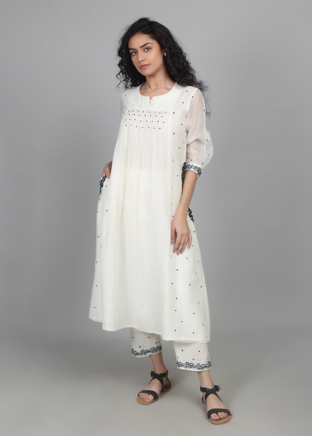 White Smocking Kurta Set with worked pants