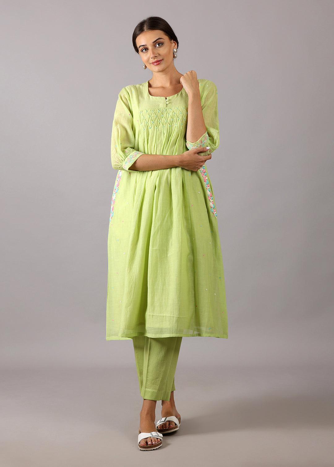 GODAVARI - Lime Green Smocking Kurta Set