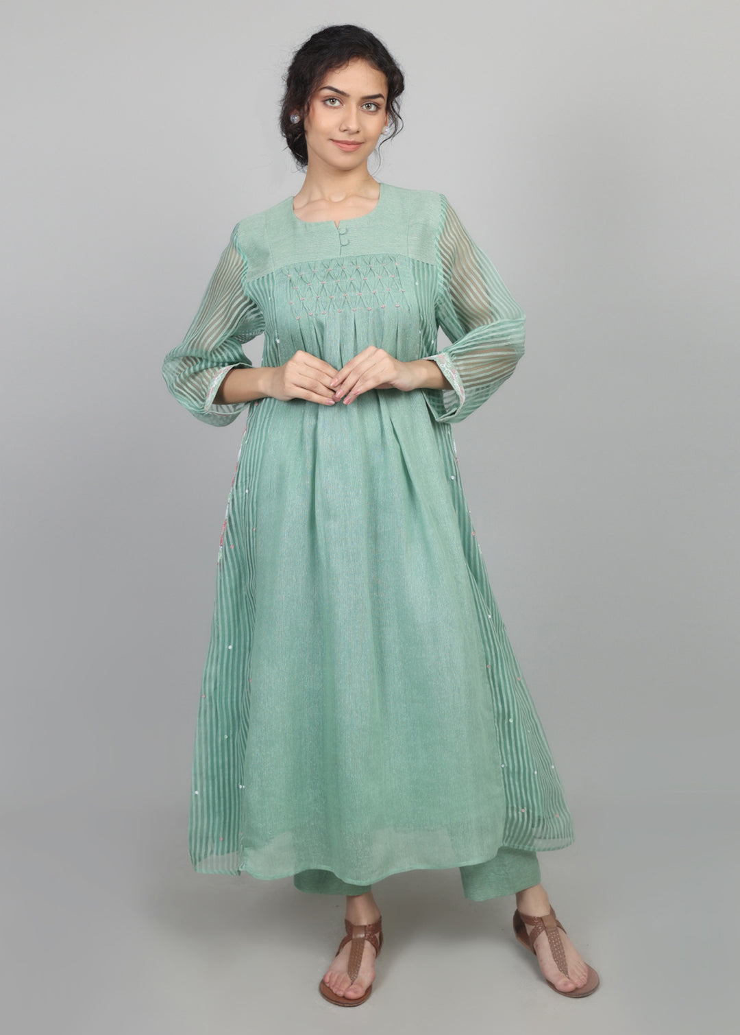 Sage Green Cotton Organza Smocked Kurta Set