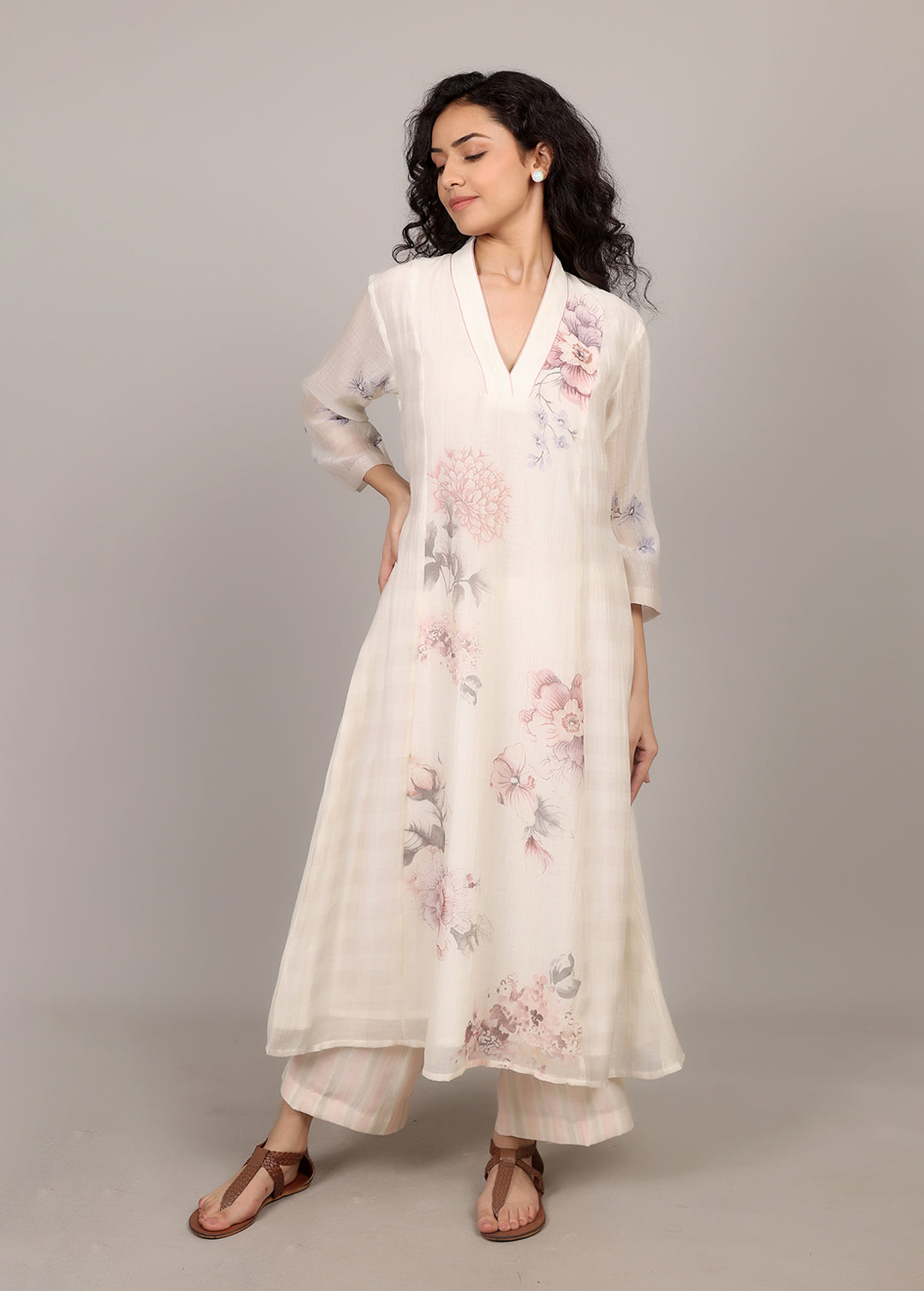 Ivory A-line Floral Kurta Set
