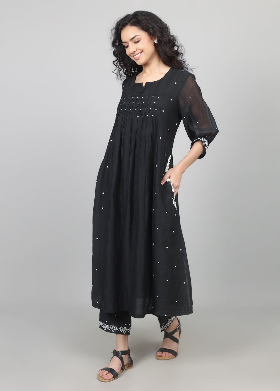 Black Smocking Kurta Set with worked pants