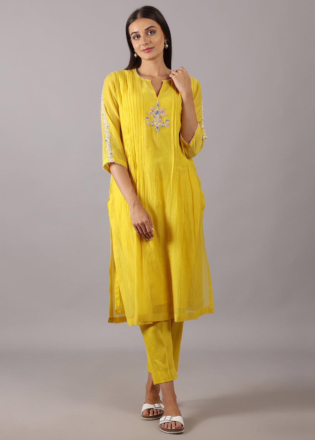 CHAMPA - Pleated Yellow Chanderi Kurta Set