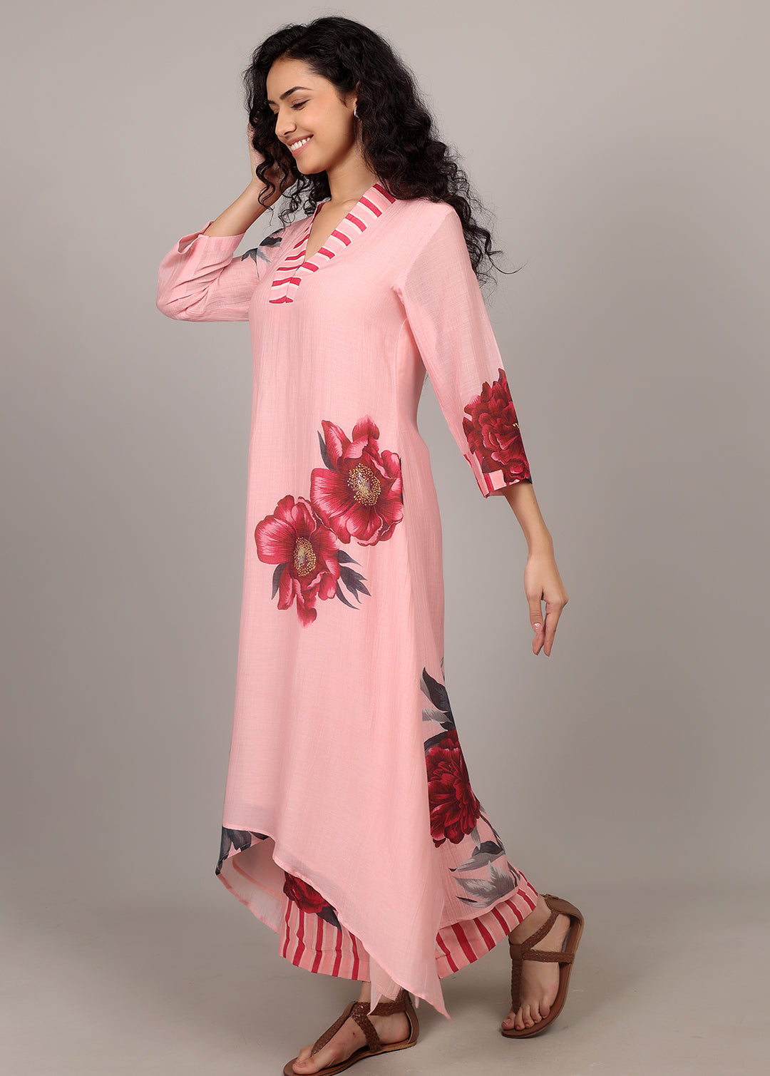 Peachy Pink A-line Floral Kurta Set