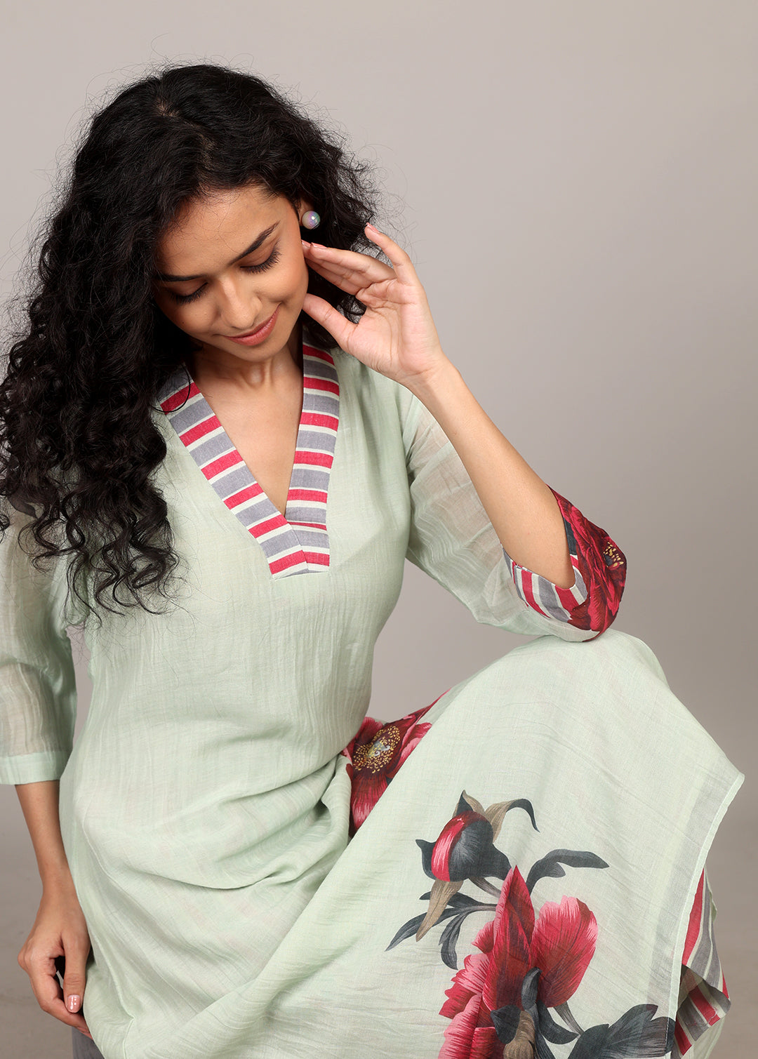 Pista A-line Floral Kurta Set