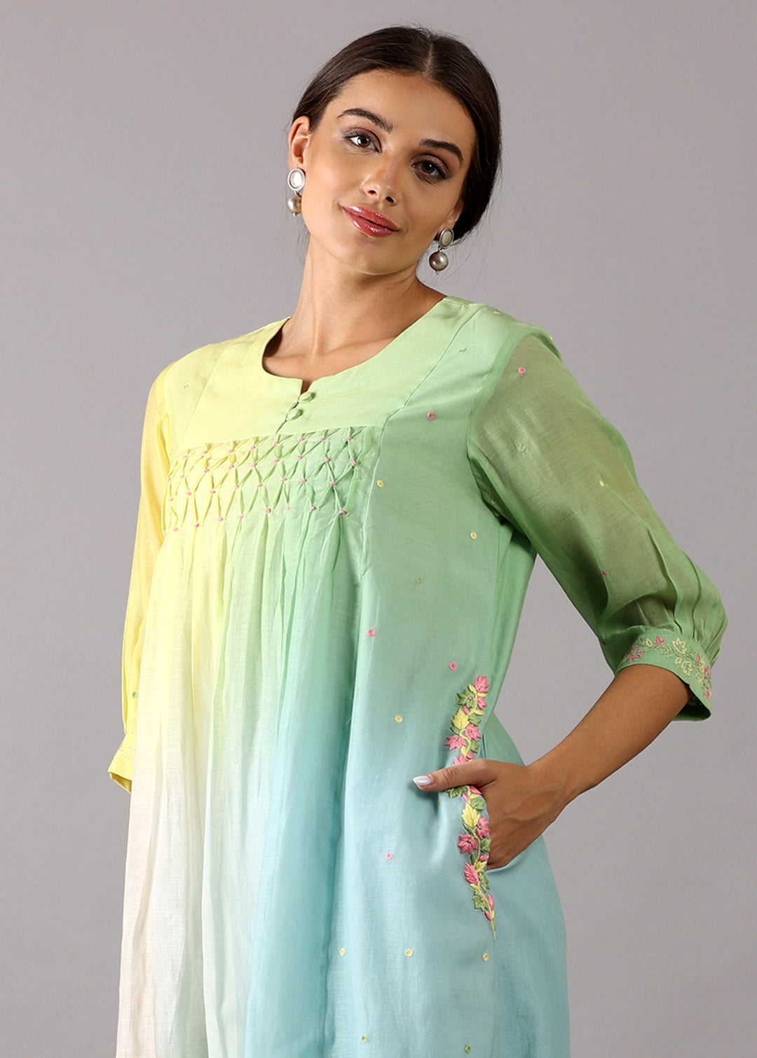 GODAVARI – Blue Yellow Pastel Ombre Smocking Kurta Set