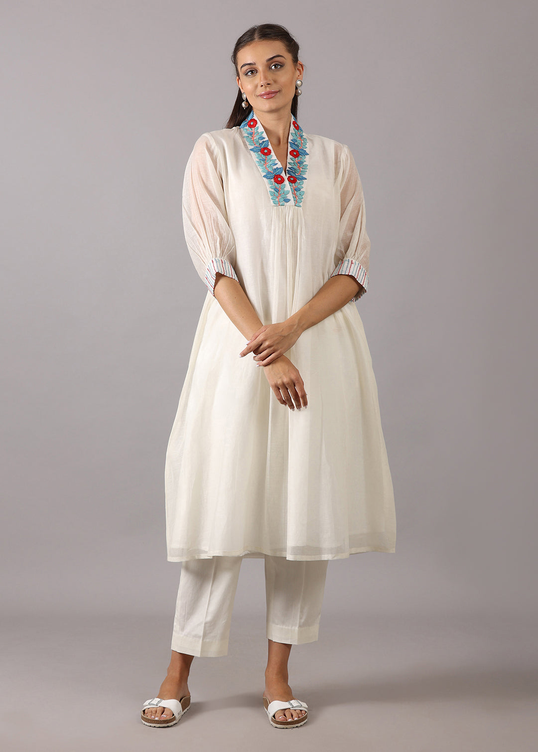 GULMOHAR - Off-white Mul Chanderi Overlap Kurta Set