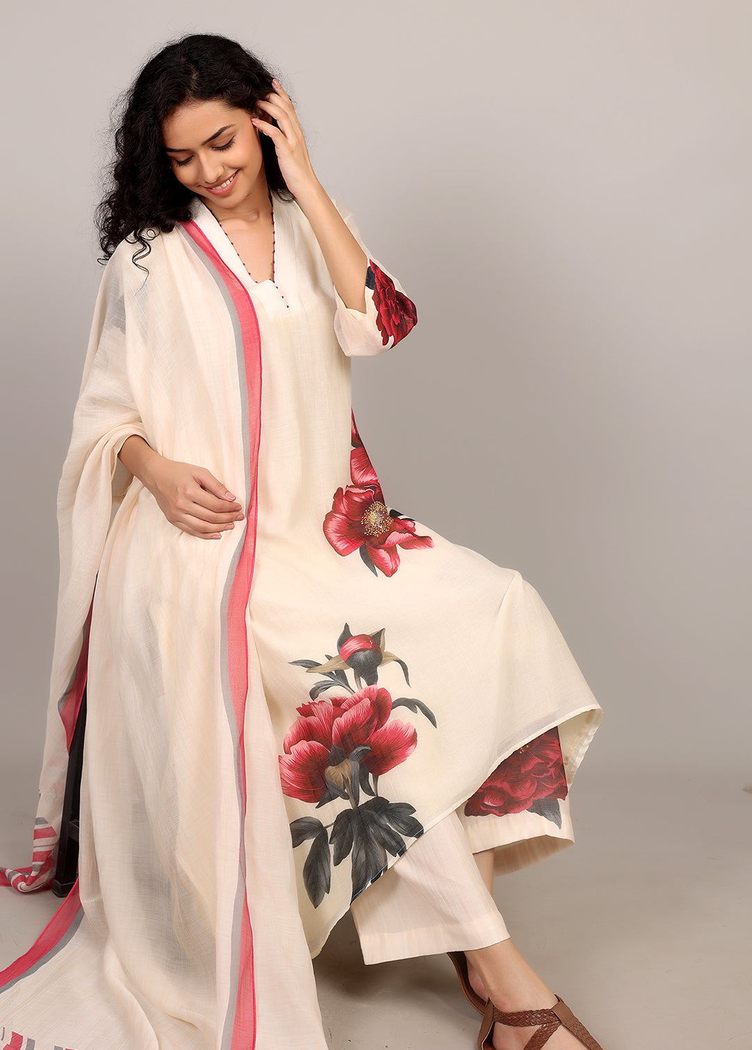 Ivory A-line Floral Kurta Set