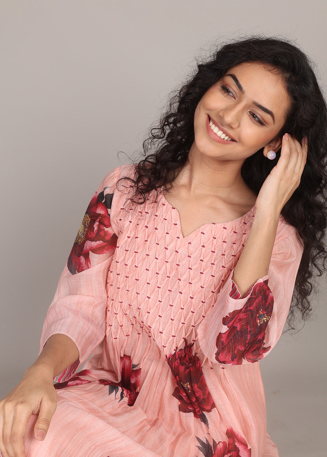 Peachy Pink Floral Smocking Kurta Set