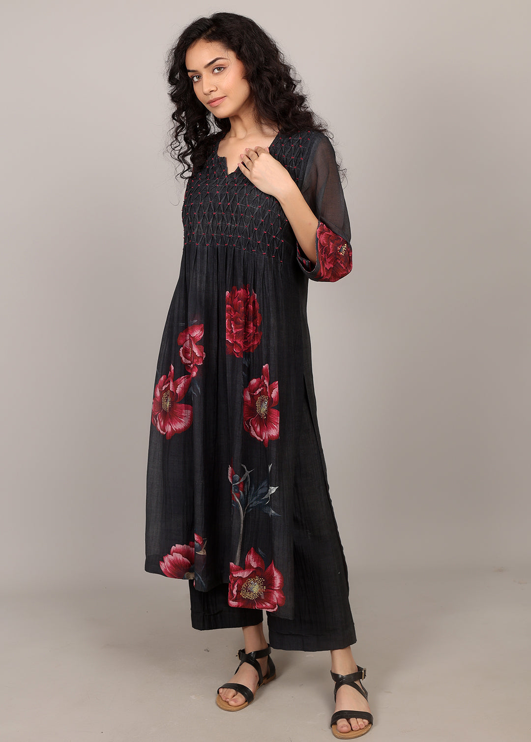 Black Smocking Floral Kurta Set