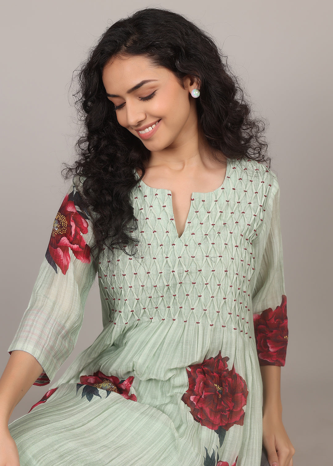 Pista Green Smocking Floral Kurta Set
