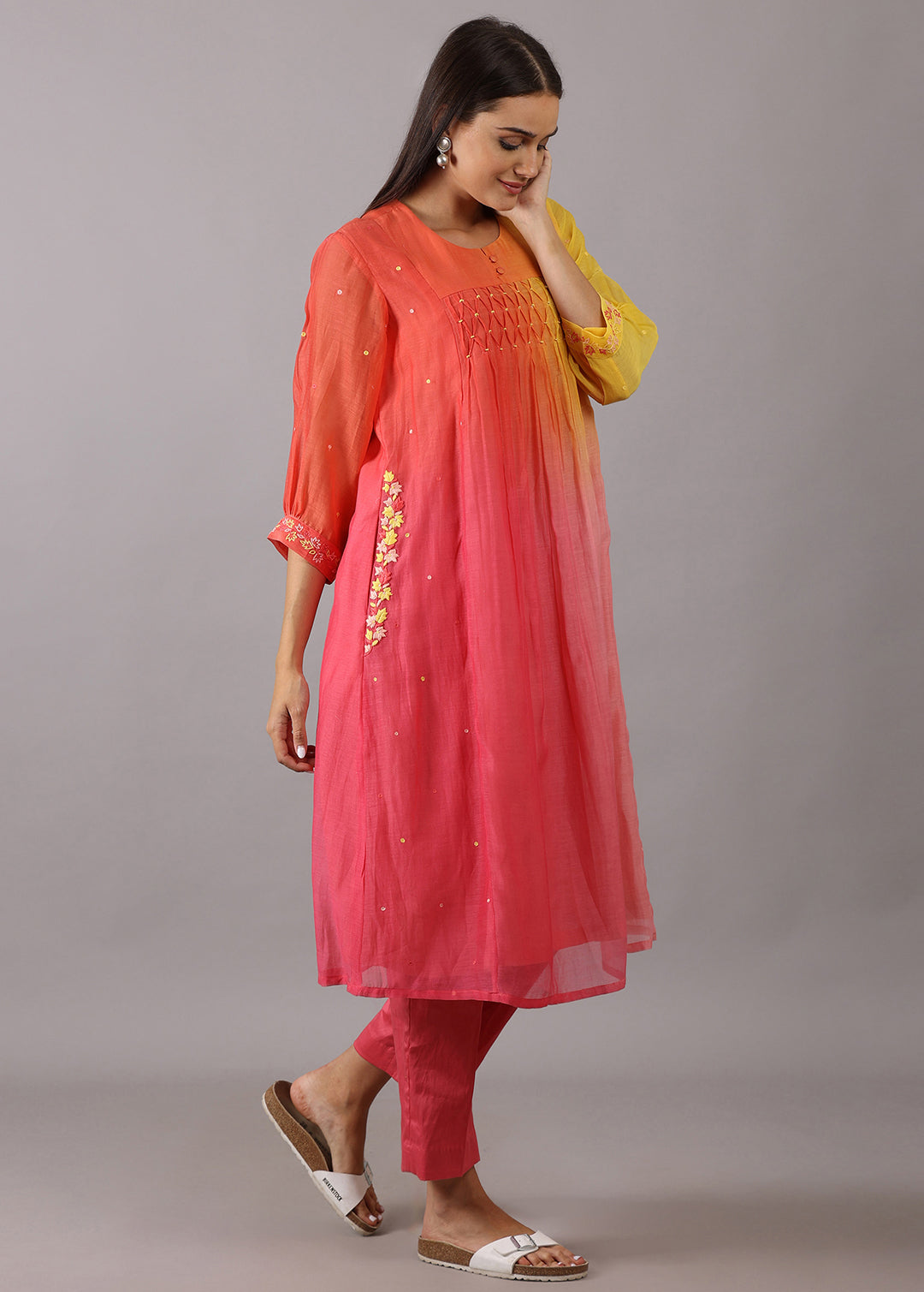 GODAVARI - Peach Yellow Ombre Smocking Kurta Set
