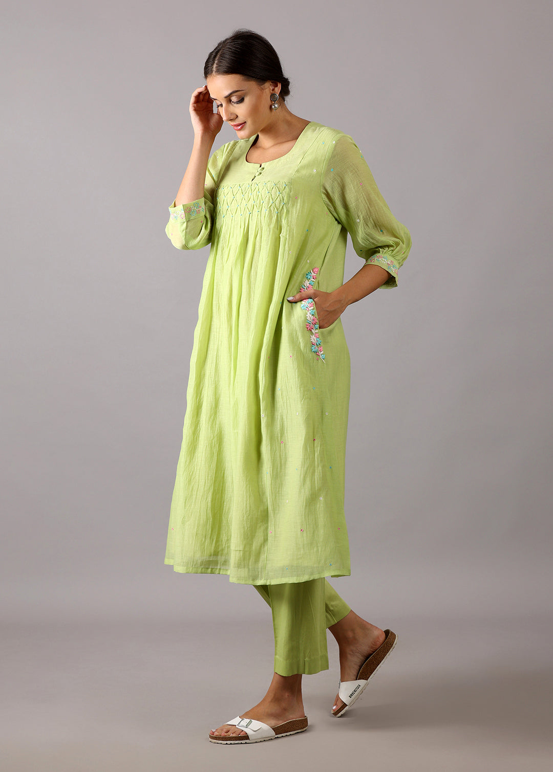 GODAVARI - Lime Green Smocking Kurta Set