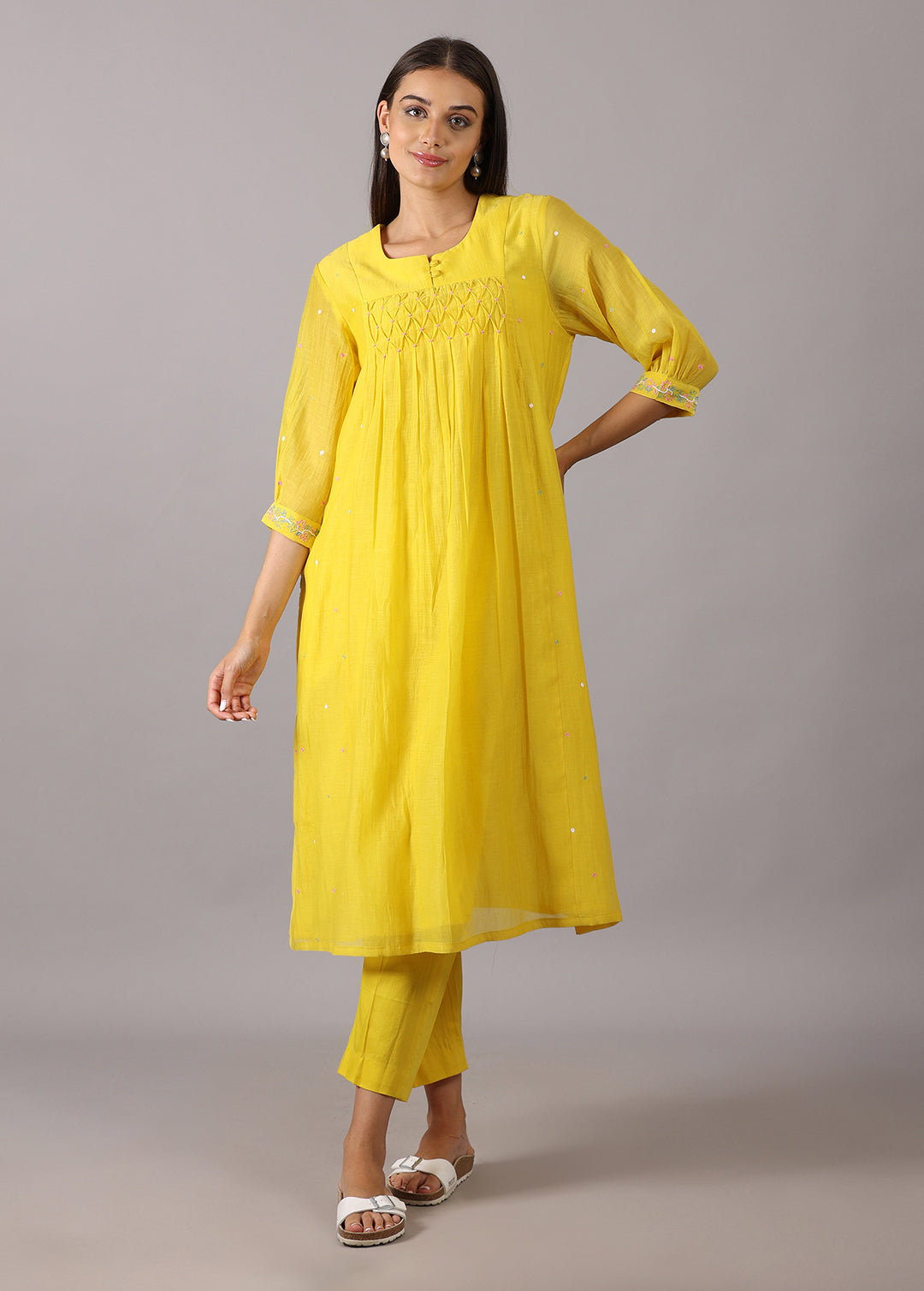 GODAVARI - Yellow Smocking Kurta Set