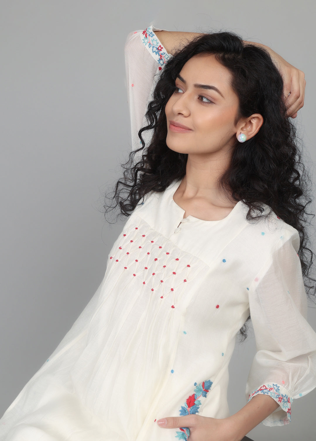 Ivory Mul Chanderi Smocking Kurta Set
