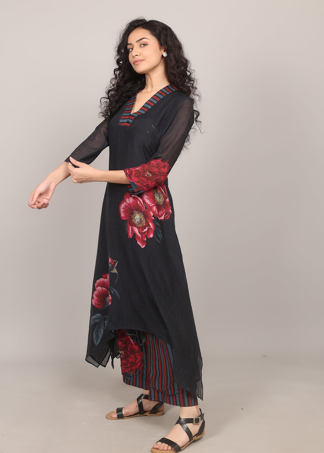 Black Asymmetrical Floral Kurta Set
