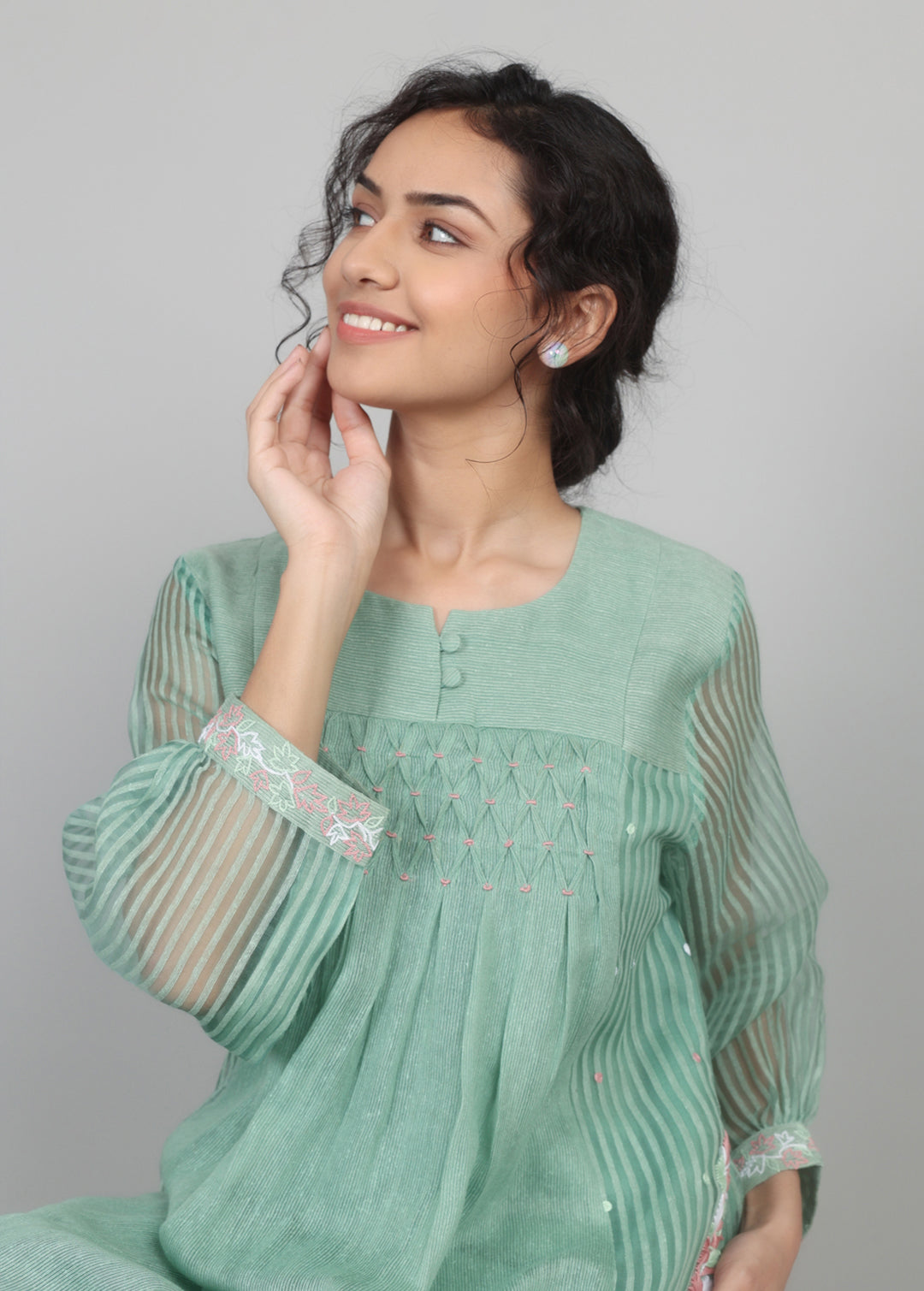 Sage Green Cotton Organza Smocked Kurta Set