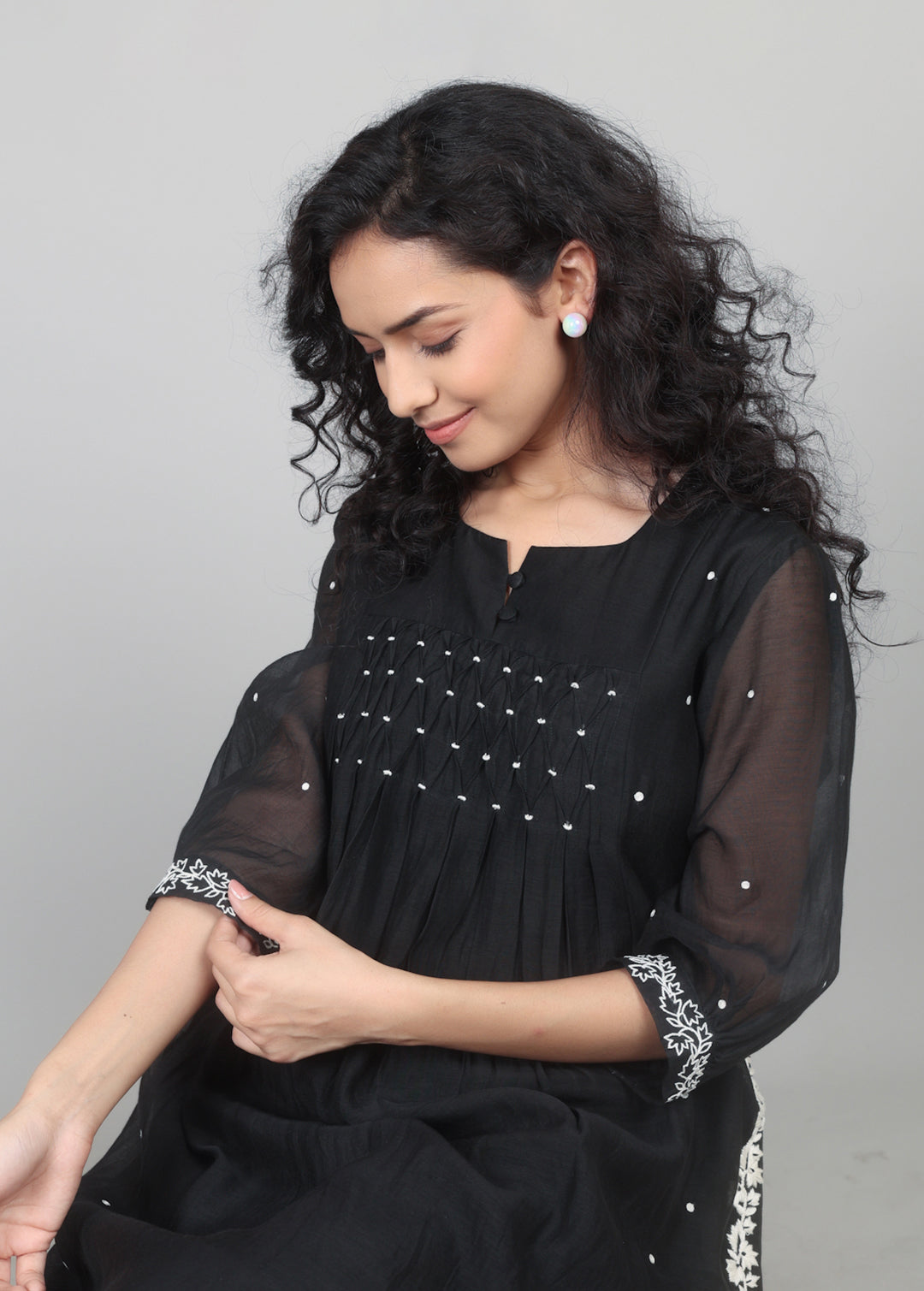 Black Smocking Kurta Set with worked pants