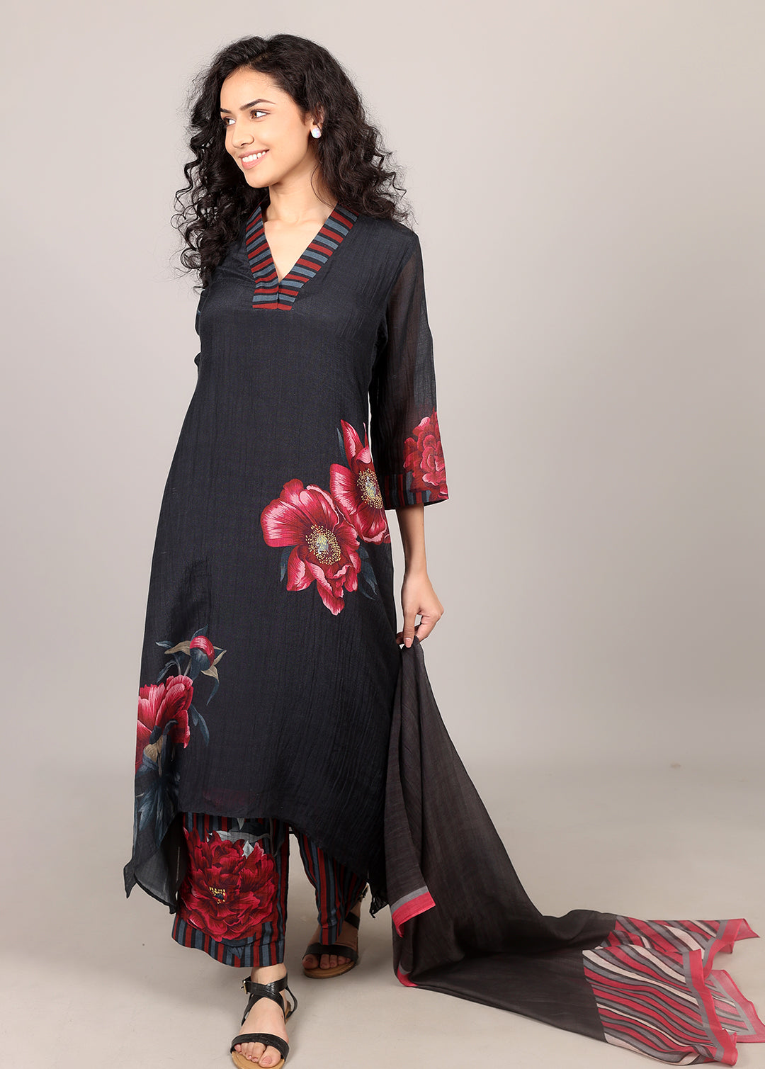 Black Asymmetrical Floral Kurta Set