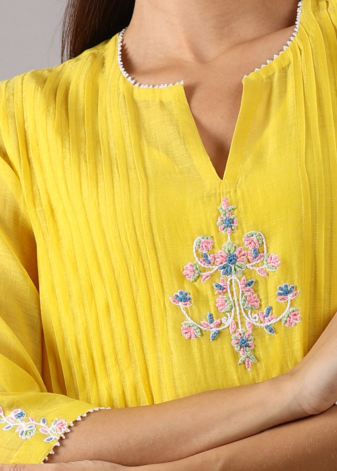 CHAMPA - Pleated Yellow Chanderi Kurta Set