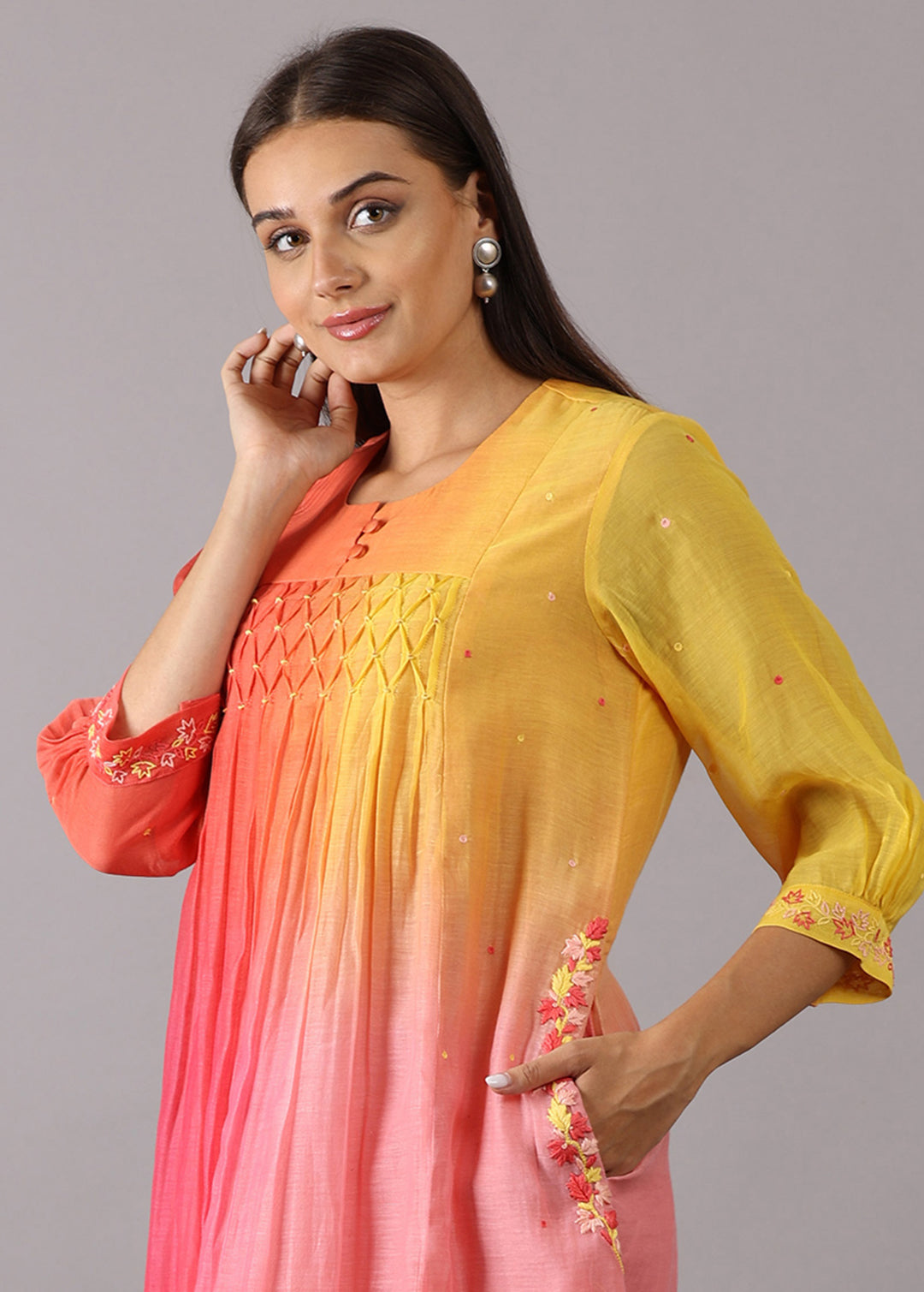GODAVARI - Peach Yellow Ombre Smocking Kurta Set