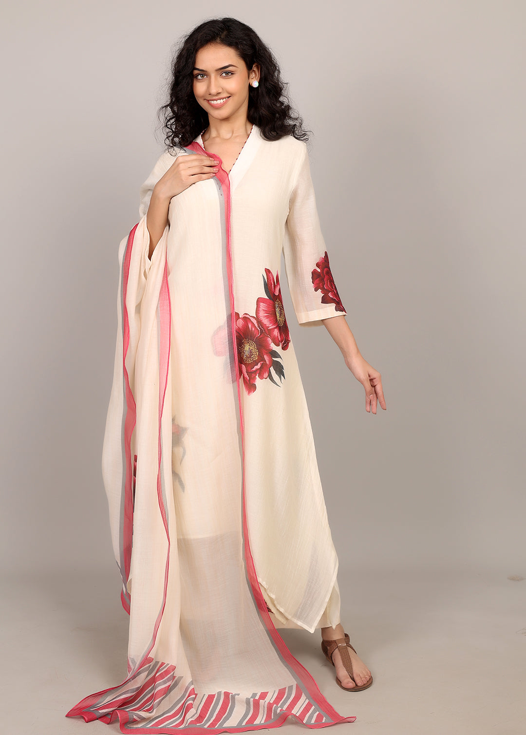 Ivory A-line Floral Kurta Set