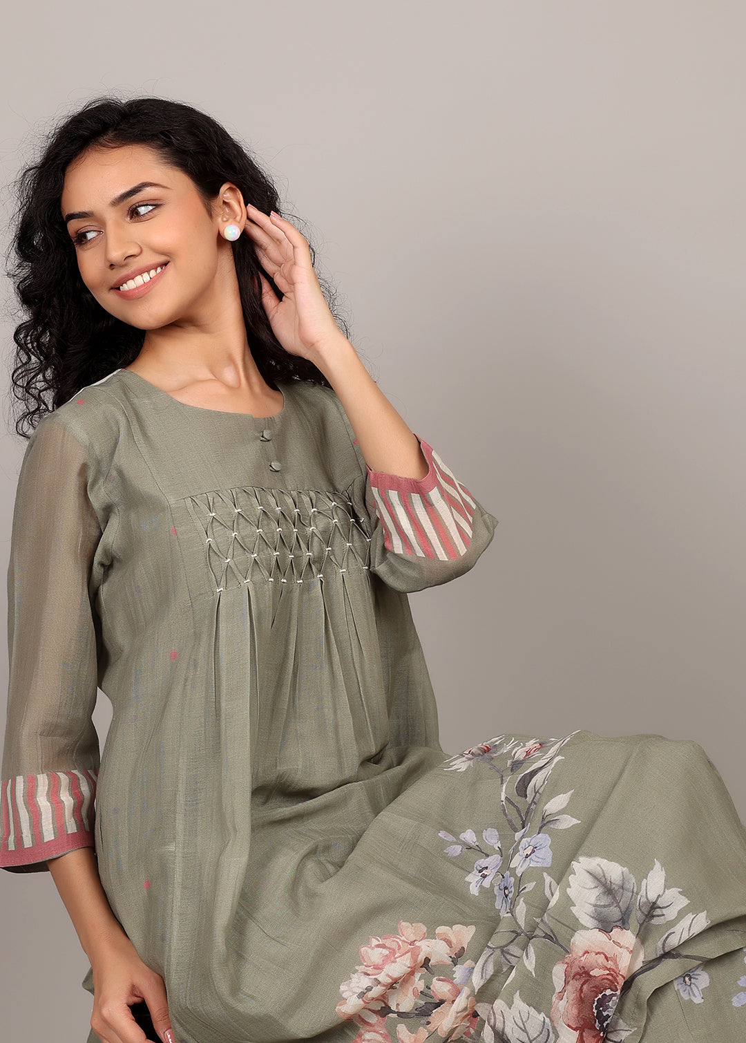 Moss Green Smocking Floral Kurta Set