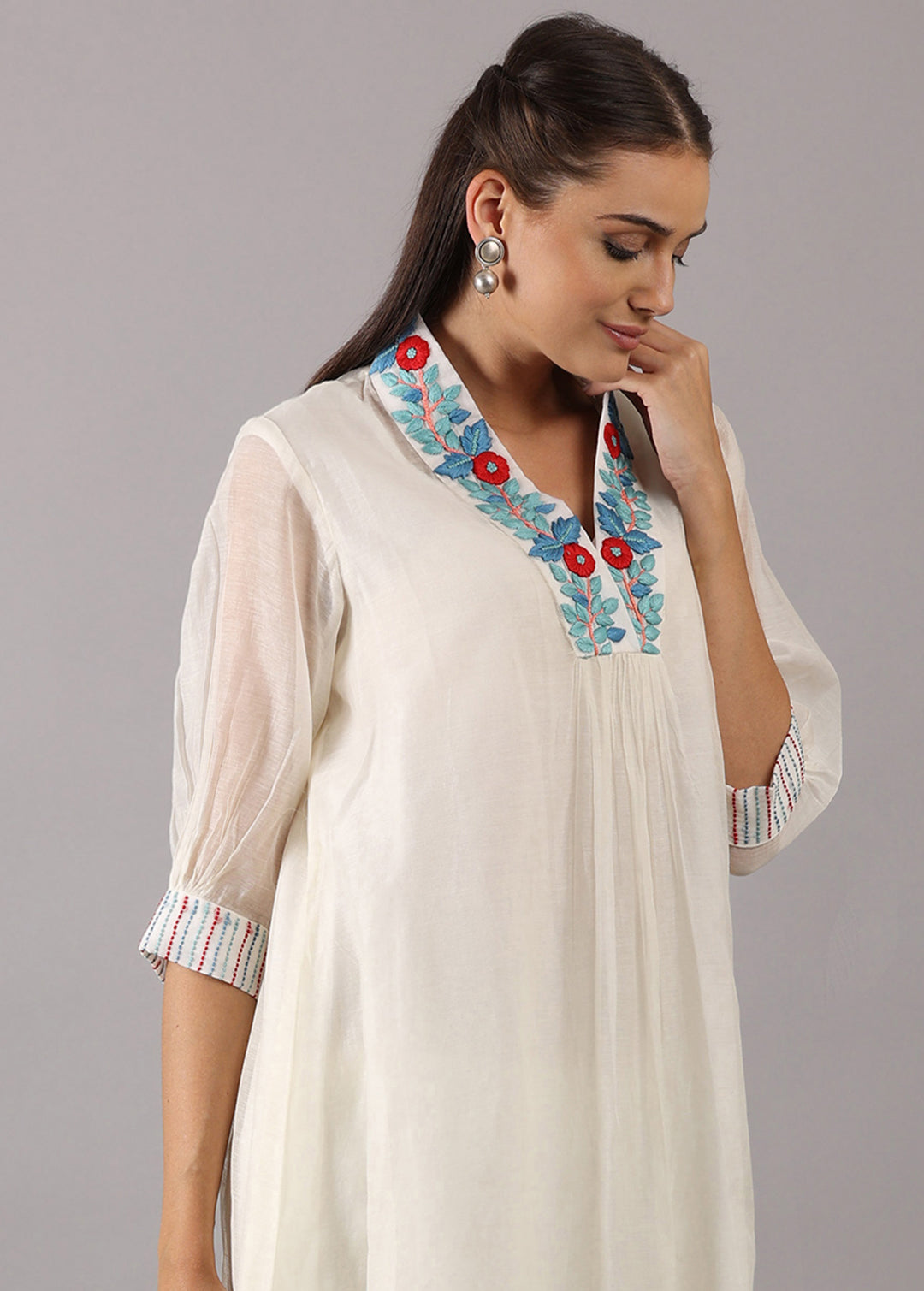 GULMOHAR - Off-white Mul Chanderi Overlap Kurta Set