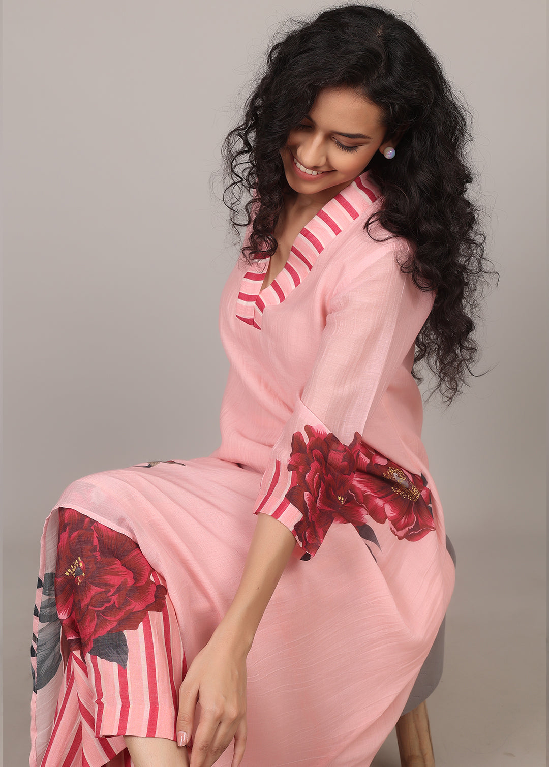 Peachy Pink A-line Floral Kurta Set