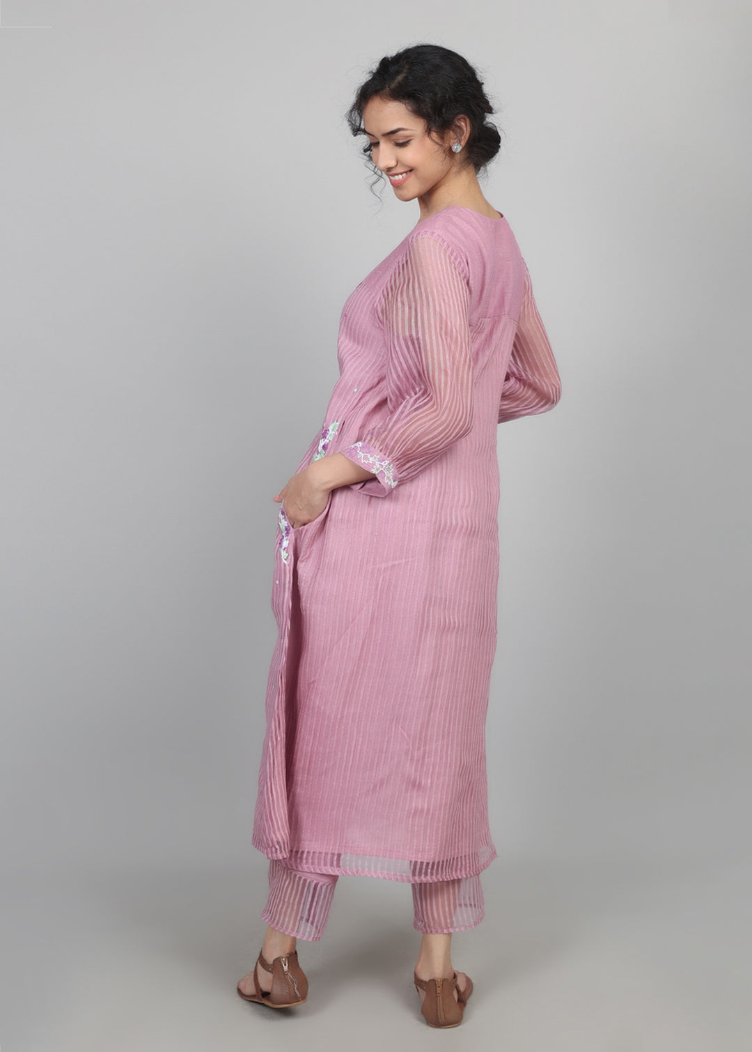 Lilac Cotton Organza Smocked Kurta Set