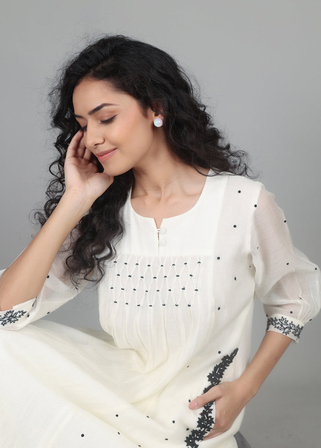 White Smocking Kurta Set with worked pants
